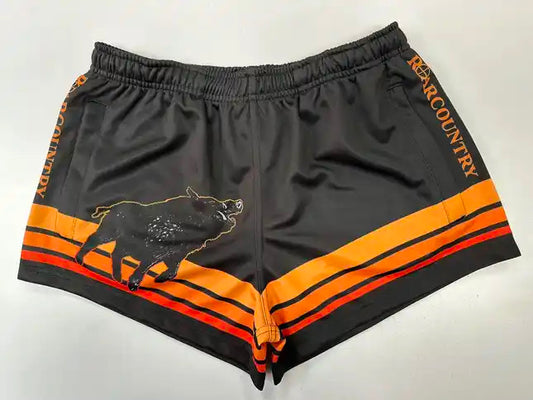 BLACK & ORANGE BOAR FOOTY SHORTS