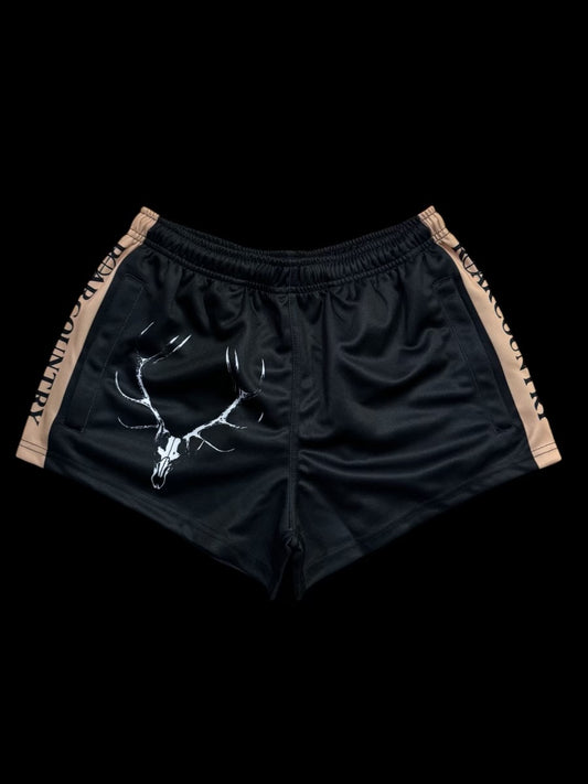 black and tan rack footy shorts